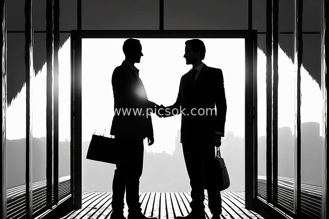 Silhouette of Business Professionals Shaking Hands: Office Collaboration & Urban Scene
