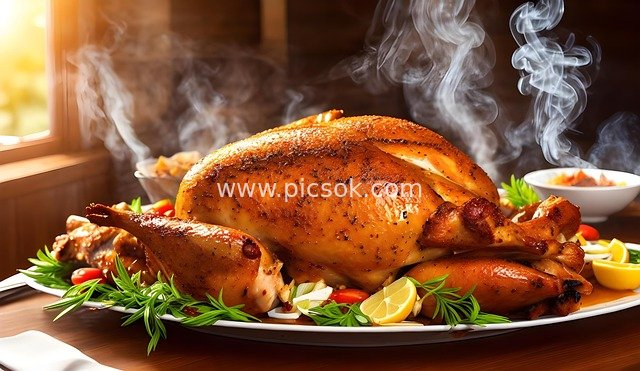热气腾腾整只烤鸡配香草柠檬美食摄影图