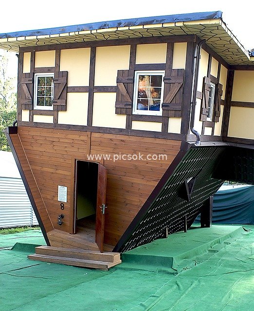 cottage, inverted cottage, architecture, joke, overturned house, small building, the window, the door, wooden house, reciprocal, the roof of the, style, wooden construction, half-timbered construction