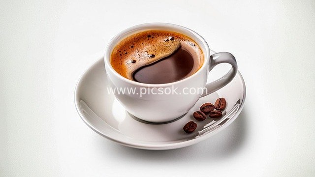 Hot Coffee in White Porcelain Cup with Coffee Beans - Aromatic Beverage Material Image