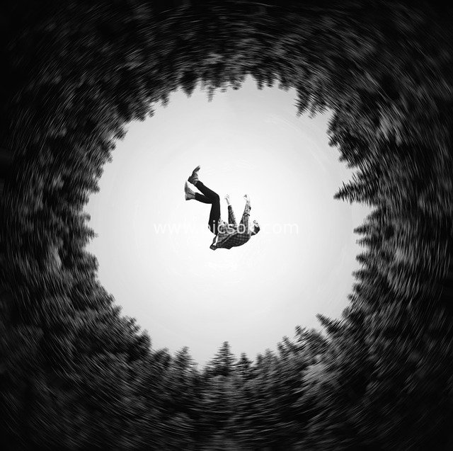 Black and White Art: Fearful Moment of a Falling Man & Rotating Forest Silhouettes