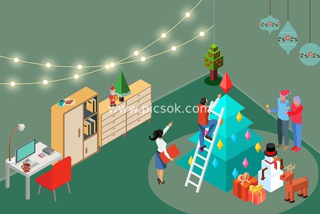Isometric Illustration of Office Christmas Decoration Scene with Colleague Team