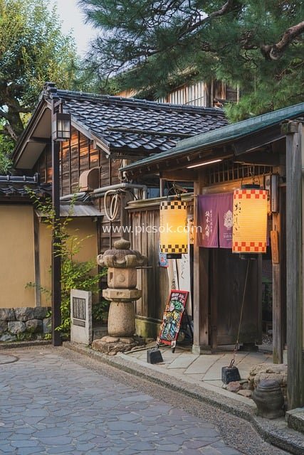 Photography of Japanese Traditional Street Landscape Featuring Japanese-style Shop Buildings