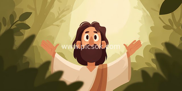 耶稣森林祈祷 神圣宁静的基督教艺术场景