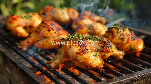 户外炭火烤架上的香烤鸡 诱人美食场景