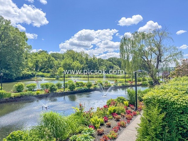 纽约长岛天鹅俱乐部 花园池塘花卉景观