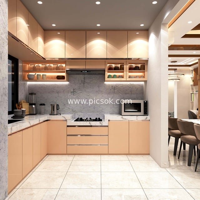 Modern Warm-Toned Kitchen with Marble Countertops and Open Design