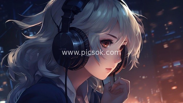 Anime Girl in the Night City: Portrait of a Headphone-Wearing Student