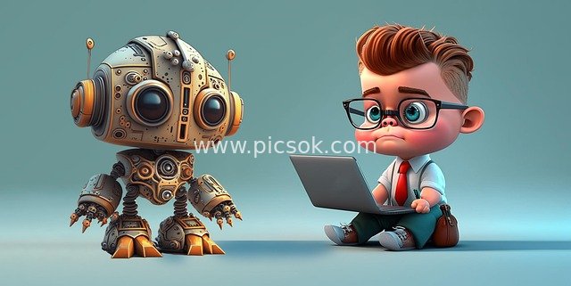 3D Cartoon Boy Interacting with Retro Robot in Futuristic Tech Scene