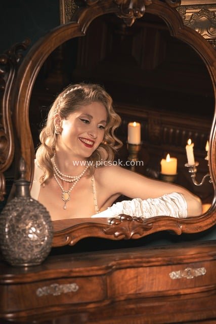 Retro Luxury Fashion Portrait of an Elegant Woman by the Mirror