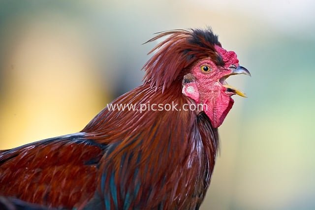 啼鸣红公鸡特写：鲜艳羽毛与生动神态