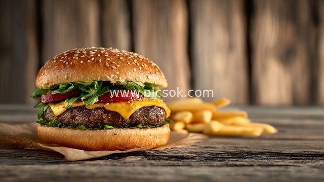 美味芝士牛肉汉堡配薯条 木质背景美食图
