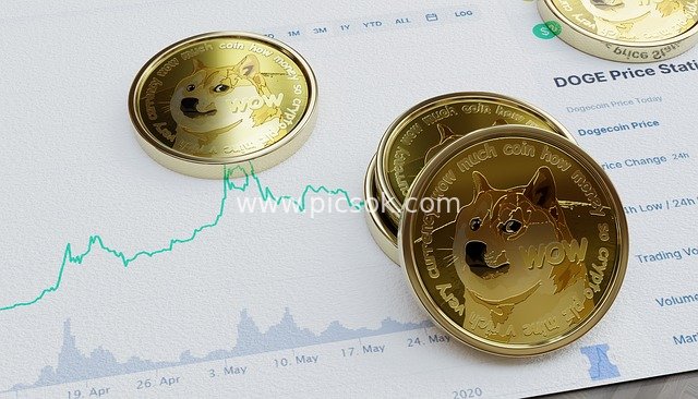 Display of Dogecoin Physical Coins and Cryptocurrency Price Chart