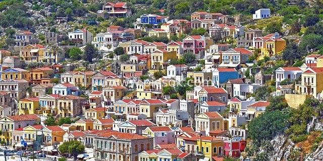 Scenery of the Colorful Neoclassical Architectural Island Town on Symi Island, Greece