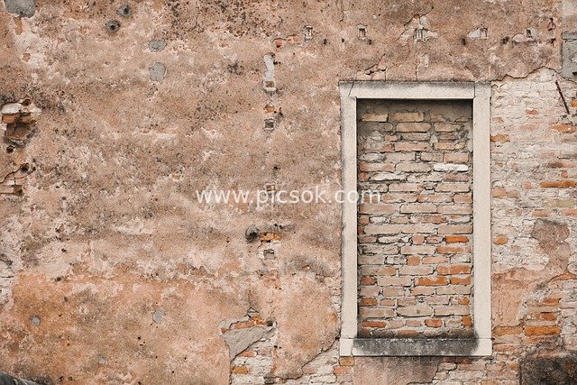 Old Brick Wall with Sealed Window | Retro Architectural Texture Background