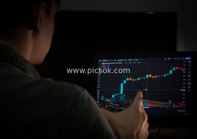 Late-night Investor Analyzing Cryptocurrency Trends While Drinking