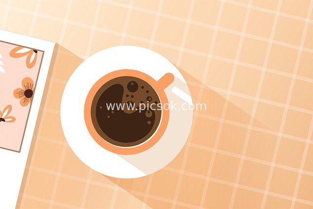 Casual Illustration of Coffee and Notebook on Warm-Toned Plaid Background