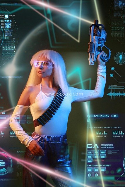Cyberpunk Future Female Warrior: Sci-Fi Firearm & Holographic Tech Interface