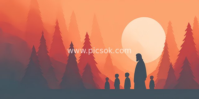 耶稣孩童森林黄昏祈祷 神圣宁静基督教艺术插画