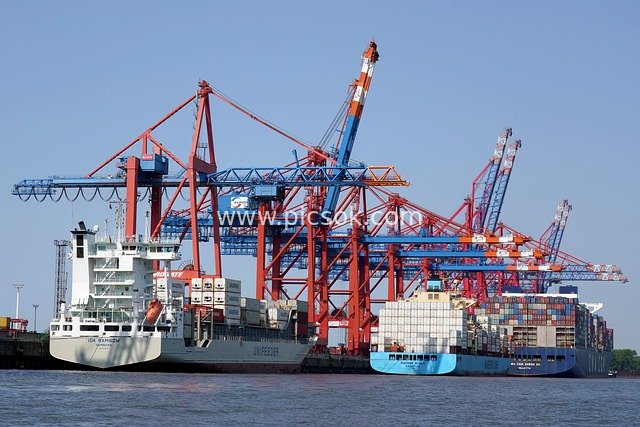 Container Ships and Cranes in Operation at Hamburg Port