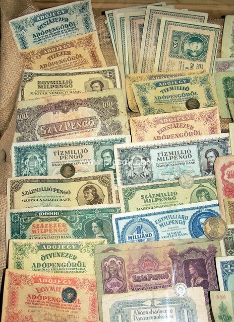 Vintage Hungarian Banknotes and Coin Collection Display