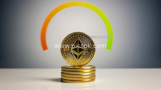 Ethereum Cryptocurrency Golden Coin Stack with Financial Dashboard Background