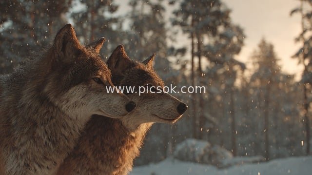 Warm Companionship of Wolves in Snowy Forest: Wildlife Moment in Warm Light