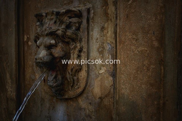Close-up of Historic Metal Lion-Head Fountain: Patina & Water Jet Details