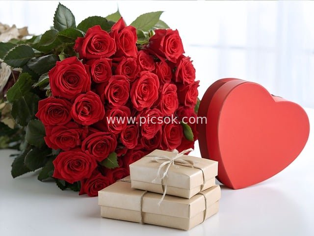 Valentine's Day Romantic Gift: Red Rose Bouquet and Heart-shaped Gift Box