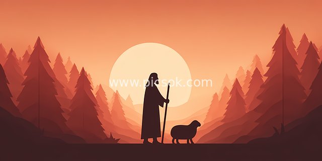 耶稣牧羊剪影 森林黄昏宁静信仰场景