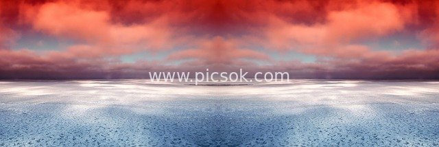 Vibrant Red Clouds Reflecting Blue Sea: Panoramic Romantic Seaview