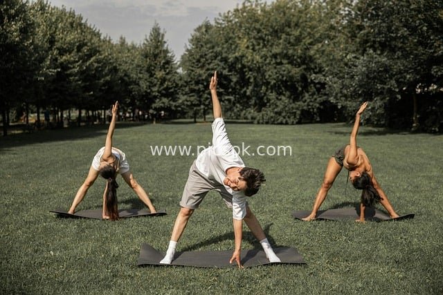 Outdoor Yoga Stretching Scene with Three People Practicing Fitness and Meditation