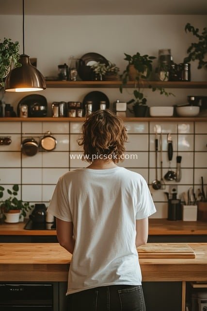 Modern Cozy Kitchen Home Living Scene with Back View of Person in White T-Shirt