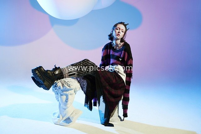 Dark Punk Style Model Outfit in Pink-Blue Dreamy Scene Fashion Shoot