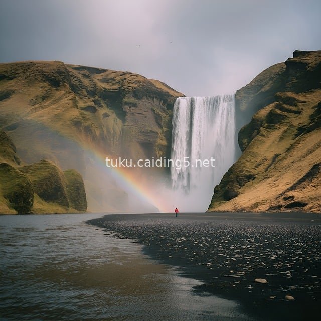 Stunning Natural Adventure Landscape of Iceland's Skógafoss Waterfall, Rainbow & Black Sand Beach