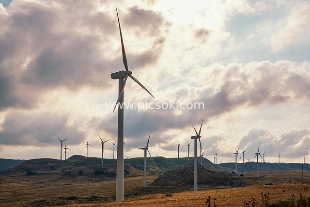 Wind Farm at Sunset: Renewable Energy Ecological Landscape