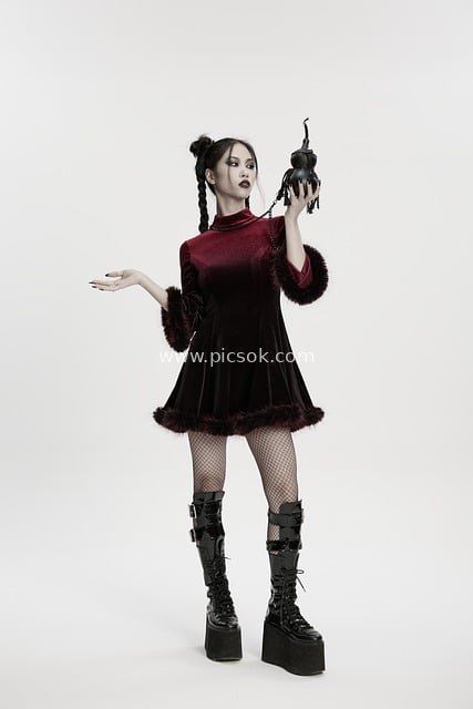 Gothic Dark Fashion Girl in Velvet Dress and Chunky Boots