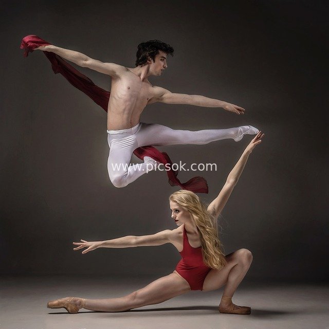 Ballet Pas de Deux: Red Silk Fluttering & Elegant Dancers Art Photography