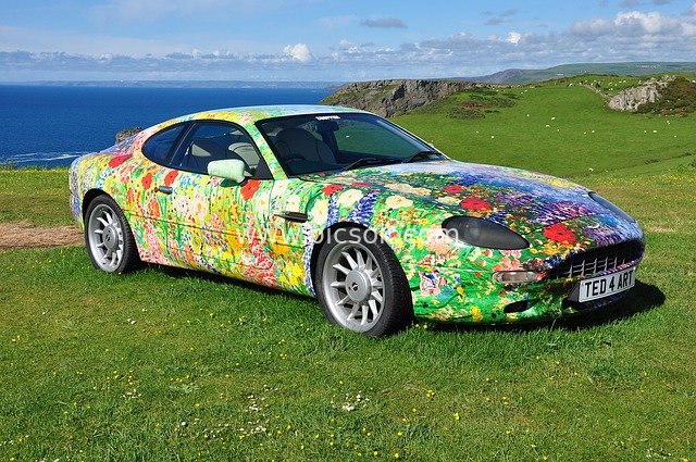 彩绘运动跑车停靠海边绿草地的风景素材