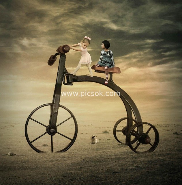 Surreal Nostalgic Tricycle with Children and Puppy Fantasy Background