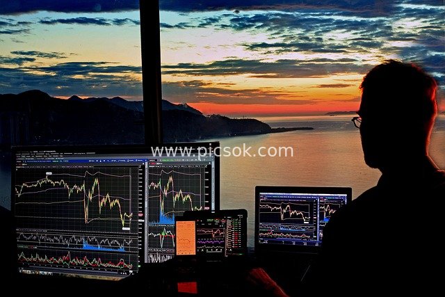 Financial Trading Analysis Work Scene Against a Sunset Ocean View