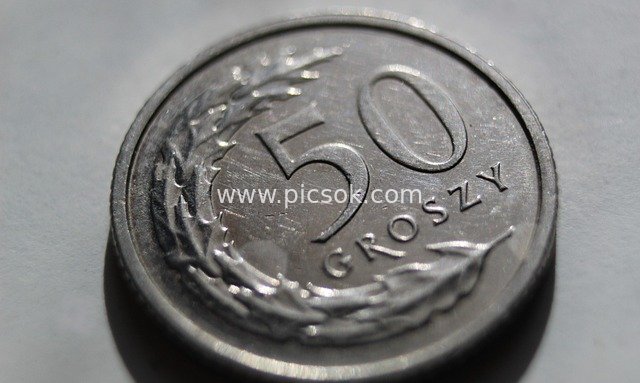 Close-up of 50 Groszy Coin - Polish Currency & Financial Material