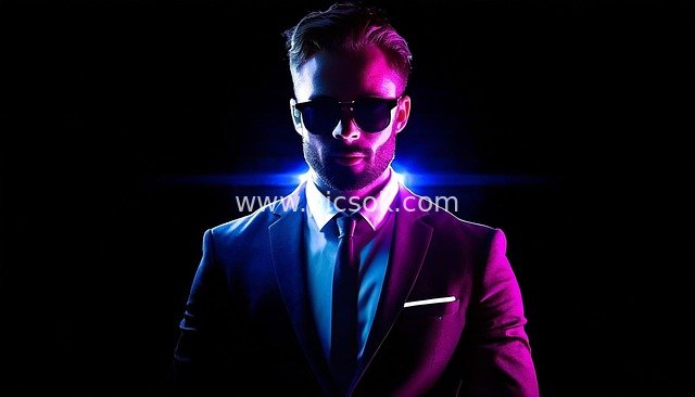 Mysterious Spy-Style Male Fashion Portrait Under Neon Lights