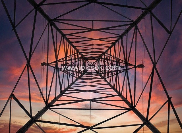 Symmetrical Structure of Transmission Tower and Gorgeous Sky Scenery in Dusk Sunset Glow