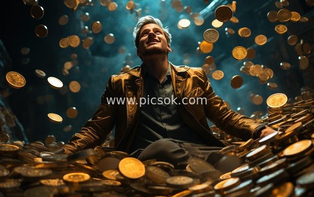 AI-Generated Image: Man Immersed in a Wealth Feast Amidst a Rain of Gold Coins