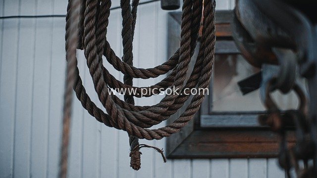 Close-Up of Vintage Thick Nautical Hemp Rope for Docks and Ships