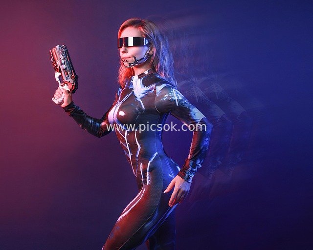 Cyberpunk Female Warrior Cosplay: Sci-Fi Bodysuit & Futuristic Firearm