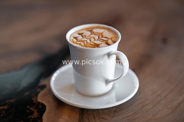 Close-up of Latte with Leaf Art in White Cup and Saucer on Wooden Table