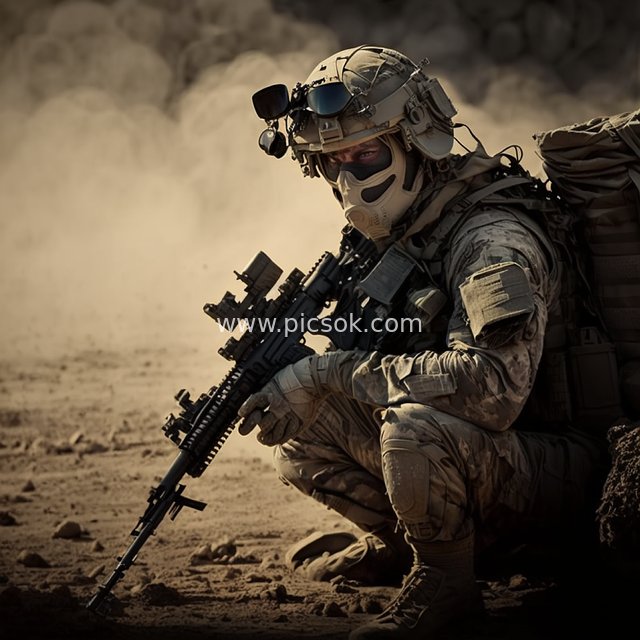 沙漠战场持枪蹲姿特种士兵军事形象