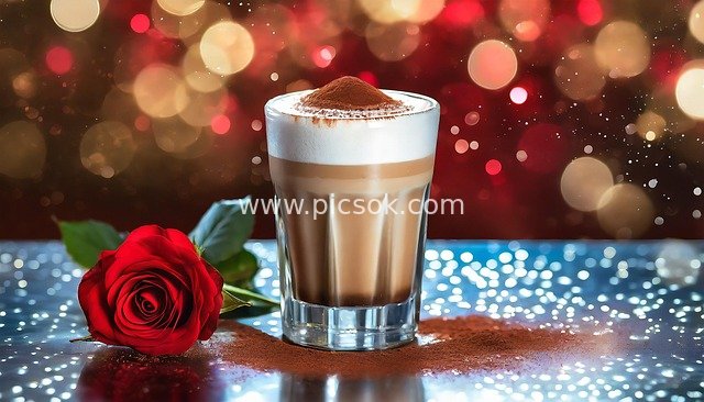 Romantic Red Rose & Latte Macchiato: Coffee Scene with Dreamy Light Spot Background
